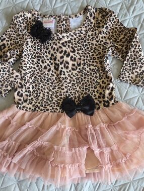 Nannette Leopard Print Bodice with Pink Tulle Ruffle Skirt and Black Bows